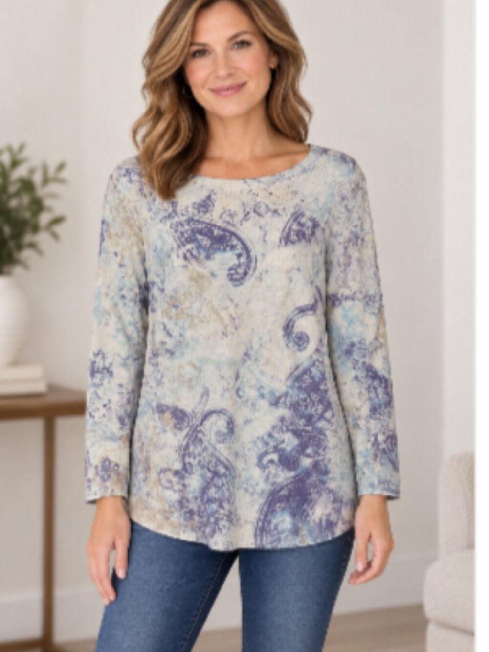 Chico's 1 M Paisley Metallic Shimmer Knit Top Blue Purple Silver Long Sleeve
